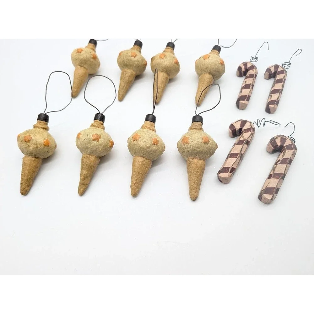13 Lot Primitive Wood Candy Cane & Bauble Christmas Ornaments Rustic Farmhouse